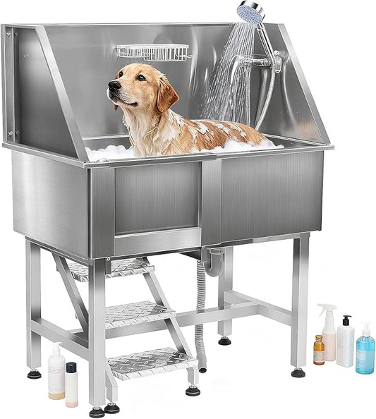 38'' Large Dog Bathtub Stainless Steel, Dog Washing Station, Pet Bathing Station Grooming Bath Tub with Left Ramp & Removable Door & Showerhead & Faucet & Soap Holder for Home Pet Grooming Salon