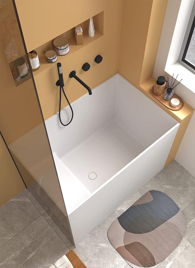 Cpingao 47" Stone Resin Freestanding Bathtub, Solid Surface Japanese Soaking Tubs Modern Rectangular Stand Alone Tub, Matte White 8842-1200