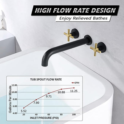 SUMERAIN Wall Mount Tub Faucet with 2 Cross Handles Black and Gold, Long Spout Reach High Flow