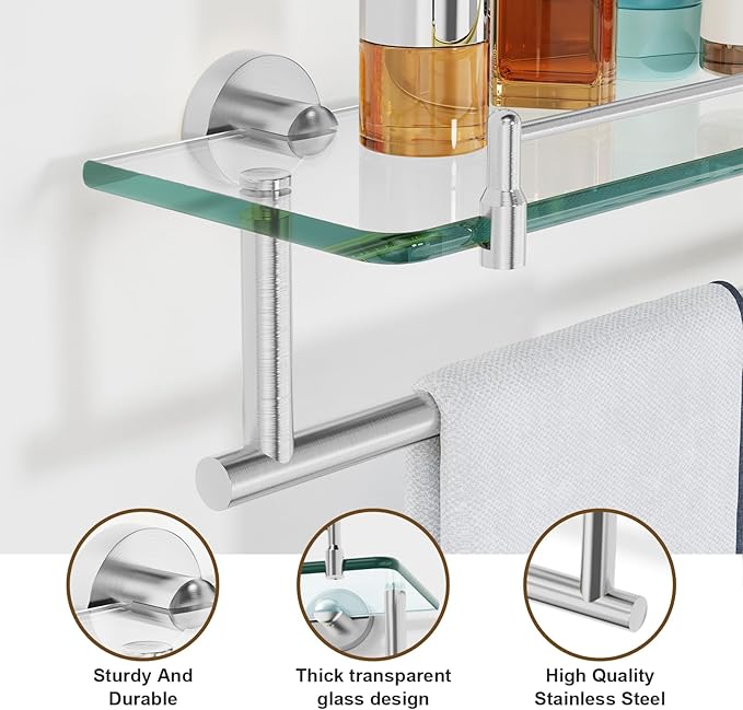 20-Inch Tempered Glass Bathroom Shelf with Towel Bar - Brushed Nickel & Stainless Steel, Wall Mount Rustproof Tower Holder with Shelves