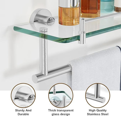 20-Inch Tempered Glass Bathroom Shelf with Towel Bar - Brushed Nickel & Stainless Steel, Wall Mount Rustproof Tower Holder with Shelves