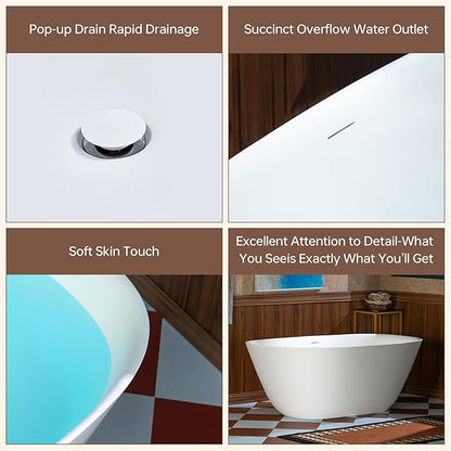 WOODBRIDGE 59" L x 32-5/8" W Luxury Contemporary Solid Surface Stone Resin Freestanding Bathtub in Matte White