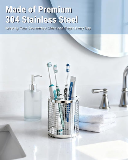 Toothbrush Holder Stand for Bathroom, 304 Stainless Steel Ventilated Organizer for Countertop with Slots for Manual Toothbrushes & Toothpaste, Family Size Tooth Brush Holder