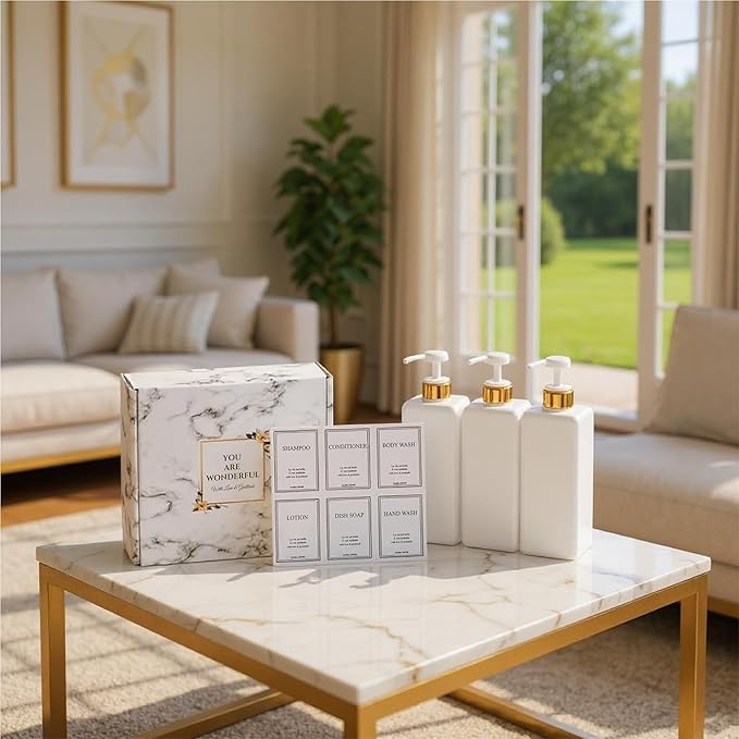 Modern Gold Design Shampoo and Conditioner Dispenser, Large 27oz Shower Soap Dispenser, Set of 3 Refillable Empty Plastic Pump Bottles for Bathroom and Body Wash (6 Waterproof Labels Included), White