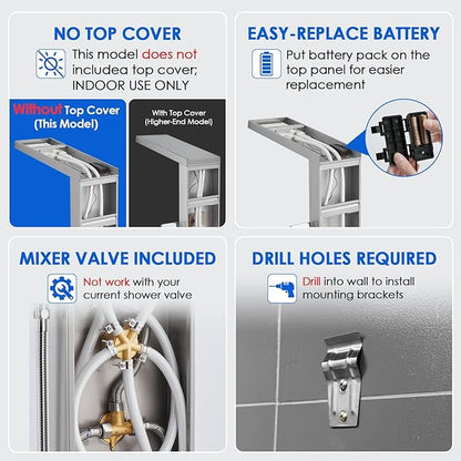 ROVOGO LED Shower Panel Tower System, 5-Function Shower Column with Rainfall Waterfall Shower Head, 4 Body Jets, Handheld and Tub Spout, Stainless Steel Brushed