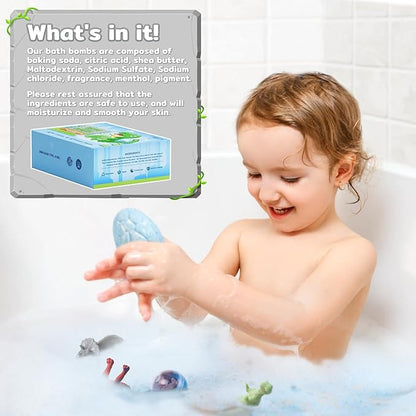 Bath Bombs with Surprise Dinosaur Toys Inside, 12 Pack Organic and Natural Bubble Bath Bombs, Stocking Stuffers for Kids, Bath Bomb Set for Her/Him,Mothers Day Presents for Mom
