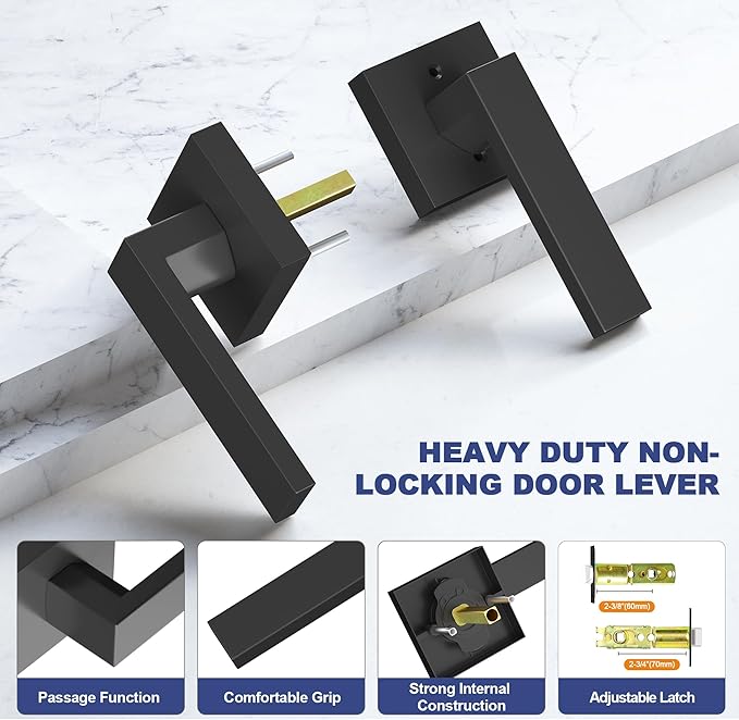 Passage Door Lever, 4 Pack Matte Black Interior Door Handles for Hallway and Closet, Heavy Duty Square Interior Keyless Door Handles Non-Locking Door Knobs for Right & Left Side Door