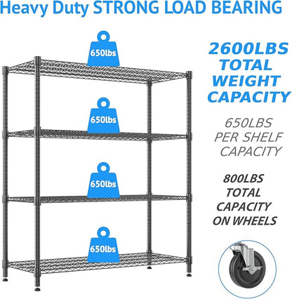 Homdox Heavy Duty Metal Shelves for Storage, 4 Tier Storage Racks and Shelving, Commercial Adjustable Wire Shelving Unit on Wheels, Garage Rack Pantry Shelves Kitchen Shelving, 24"x48"x72", Black