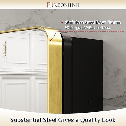 Keonjinn Gold Bathroom Medicine Cabinet with Mirror 16 x 24 Inch, Small Brushed Brass Medicine Cabinet, Stainless Steel Framed, Adjustable Shelves, Rounded Rectangular, Recessed or Surface Mount