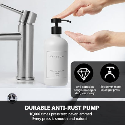 Kitchen Soap Dispenser - Hand and Dish Soap Dispenser Set, Bathroom Glass Soap and Lotion Dispenser with Pump, Tray, 14 Waterproof Labels, Set of 2 White Bottle/Black Pump-pd