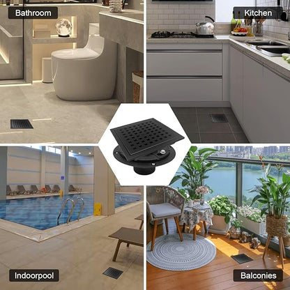 6 Inch Square Shower Drain with Flange, Removeable Grate SUS 304 Stainless Steel Shower Drain with Hair Catcher (Matte Black, 6 Inch)