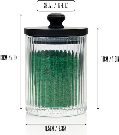 Mason & Fable Ribbed Glass Bathroom Jars | Set of 2 Farmhouse Style Storage Canister with Airtight Black Wooden Lids | Cotton Pad/Swab/Q tip Holder/Bath Salt/Clear Vanity