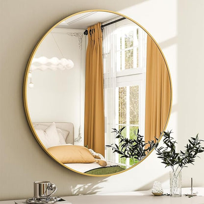 24 Inch Round Bathroom Mirror - Gold Wall Mounted Circle Mirror with Metal Frame, Modern Round Hanging Mirror Suitable for Bathroom, Vanity, Entryway, Living Room