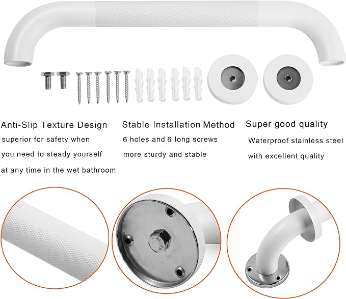 Shower Grab Bar, 2 Pack 12 Inch White Bathroom Grab Bar, 1.25" Diameter 304 Stainless Steel Anti-Slip Grab Bars for Bathtubs and Showers, Handicap Shower Grab Bar for Seniors Elderly