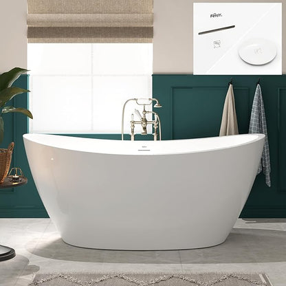 FerdY Naha 67" Freestanding Bathtub, Curve Edge Soaking Bathtub with Polished White Drain and Minimalist Linear Design Overflow, Easy to Install
