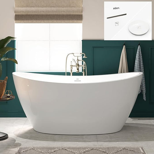 FerdY Naha 67" Freestanding Bathtub, Curve Edge Soaking Bathtub with Polished White Drain and Minimalist Linear Design Overflow, Easy to Install