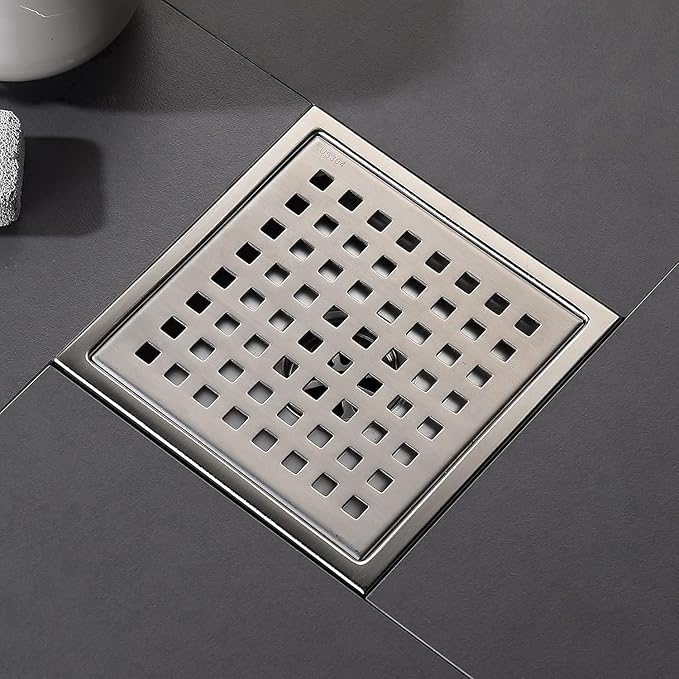 6 Inch Square Shower Floor Drain, Grille with Removable Cover, SUS304 Stainless Steel Brushed Nickel