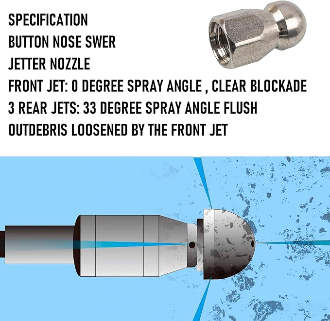 Hourleey Sewer Jetter Kit for Pressure Washer 200FT, Drain Cleaner Hose 1/4 Inch NPT, Orifice 4.0 Button Nose and Rotating Sewer Jetting Nozzle Spanner Tape Pearl Corsage Pin, 4000 PSI