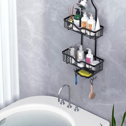 Kadolina Shower Caddy Hanging, Bathroom Organizer Rack, Shower Rack with Soap Dish, Over The Showerhead Caddy with Hooks for Razor/Sponge, Matte Black (Assembly Required)