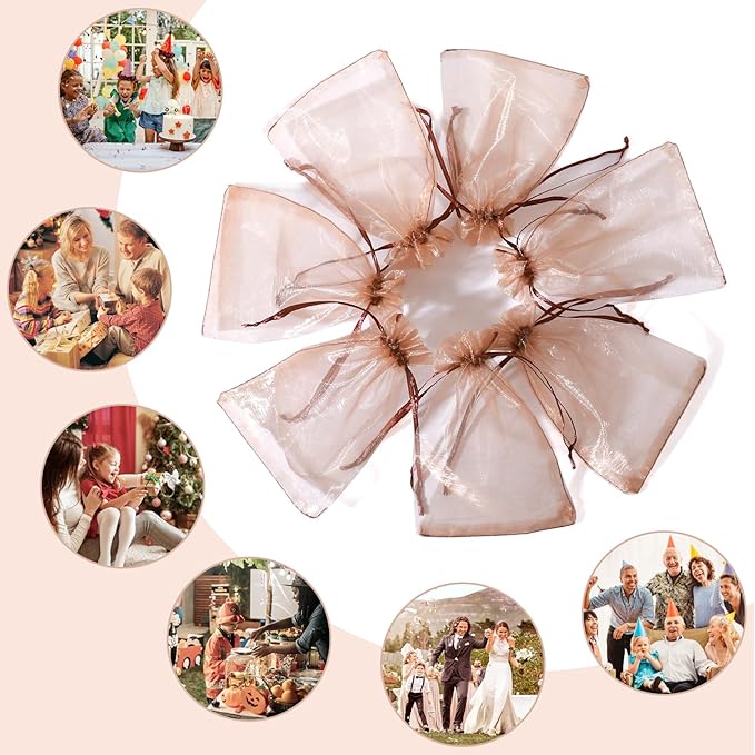Hopttreely 100pcs Organza Bags, Light Brown 4''x4.72''(10x12cm) Satin Drawstring Organza Pouch Wedding Party Favor Gift Bag Jewelry Watch Bags
