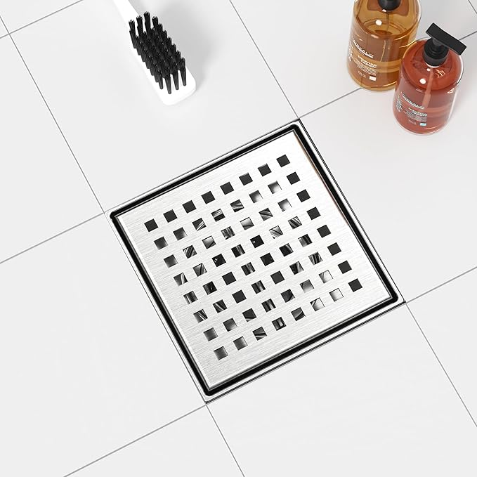 Neodrain 4-Inch Square Shower Drain with Removable Quadrato Pattern Grate, Brushed 304 Stainless Steel Square Drain for Bathroom with Hair Strainer,CUPC Certified