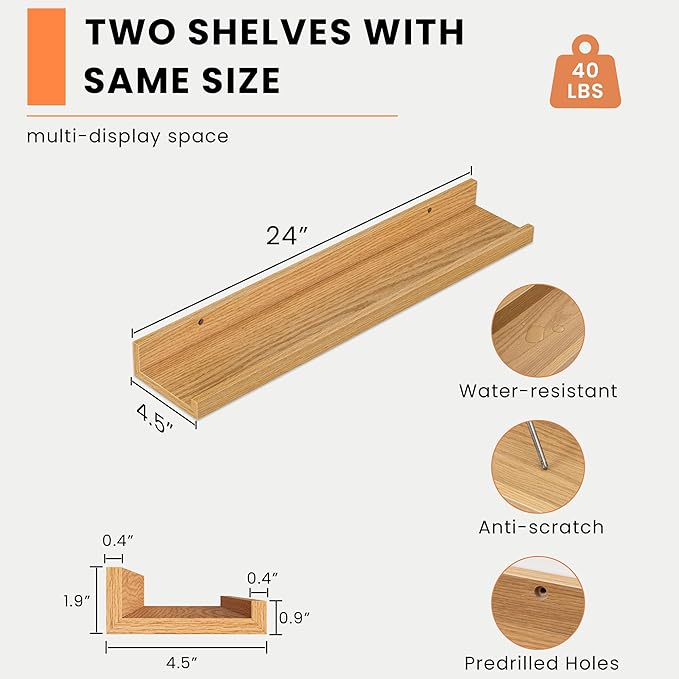 Heimlove Picture Ledge Shelf, Floating Shelves Set of 2, 24 Inches Picture Shelf for Wall with Ledge, Kids Bookshelf Wall Mounted for Living Room Bedroom Decor Books Photo Frames - Natural Oak