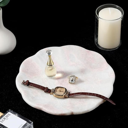 Koville Marble Tray, 8" Round Marble Vanity Tray for Jewelry Trinket Perfume, Natural Stone Tray for Bathroom Kitchen Dresser Countertop, Scalloped Decorative Tray for Home Table Decor(White&Pink)