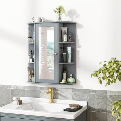 Tangkula Bathroom Medicine Cabinet, Wall Mounted Storage Cabinet with Mirror Door, Removable & 3 Adjustable Shelves, Wooden Hanging Wall Mirror Cabinet for Bathroom Living Room Laundry (Grey)