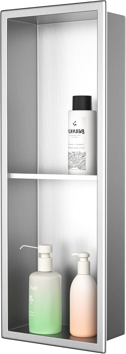 Stainless Steel Shower Niche 24"×8" Brushed with 2-Tier Shelf No Tiled Needed Niche Shower for Bathroom Wall Recessed Shower Box for Bathroom Storage