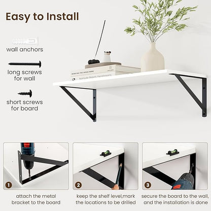 Fun Memories Deep Floating Shelves for Wall, 24W x 8D Wall Mounted Shelves Set of 2, Wide Display Ledge Shelf with Sturdy Metal Brackets for Living Room, Bathroom, Bedroom and Kitchen, White