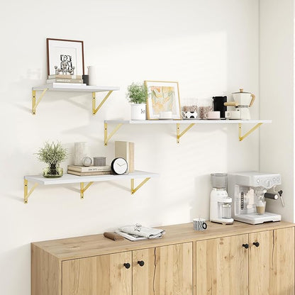 Floating Shelves for Wall, 12 Inch Deep Floating Shelves Set of 2, 55W x 12D Large Wall Shelf with Sturdy Metal Brackets for Living Room, Bathroom, Bedroom and Kitchen, White with Gold Bracket