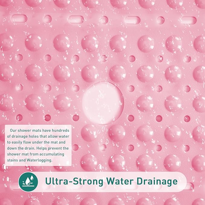 Large Pink Square Shower Mat Non Slip 27 x 27 Inch, Soft Bath Mat Bathtub Mat for Inside Shower Floor, Anti Slip Shower Stall Mats with Big Suction Cups Drain Hole, Easy Washable, BPA-Free