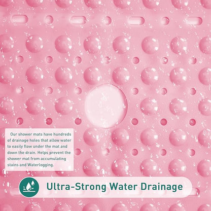 Large Pink Square Shower Mat Non Slip 27 x 27 Inch, Soft Bath Mat Bathtub Mat for Inside Shower Floor, Anti Slip Shower Stall Mats with Big Suction Cups Drain Hole, Easy Washable, BPA-Free