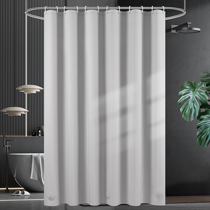 UFRIDAY Grey Short Shower Curtain Liner Premium PEVA 72 x 66 inch,Heavy Duty Shower Curtain with 3 Weighted Magnets, Plastic Waterproof Grey Shower Curtains for Bathroom with 12Hooks