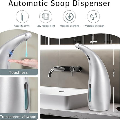 Automatic Soap Dispenser Touchless,300ML Hand & Dish Countertop Electric Liquid Rechargeable Dispenser with Sensor,Modern 4 Gear Adjustable Waterproof Kitchen Auto Soap Pump（Gray）
