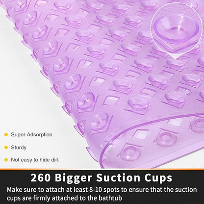 Yimobra Bathtub Mat Non Slip, Super Strong Suction Cups, 27.5"x15.5" Long Shower Mat with Drain Holes, Machine Washable Fast Draining Bath Mats, Bathroom Essentials,Clear Purple