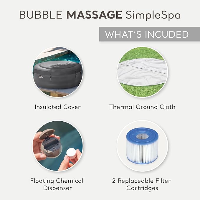 INTEX 28483E SimpleSpa Inflatable Hot Tub 4 Person Bubble Massage Spa: Includes Insulated Cover – Built-in QuickFill Inflation – Soothing Jets – 77" x 26"