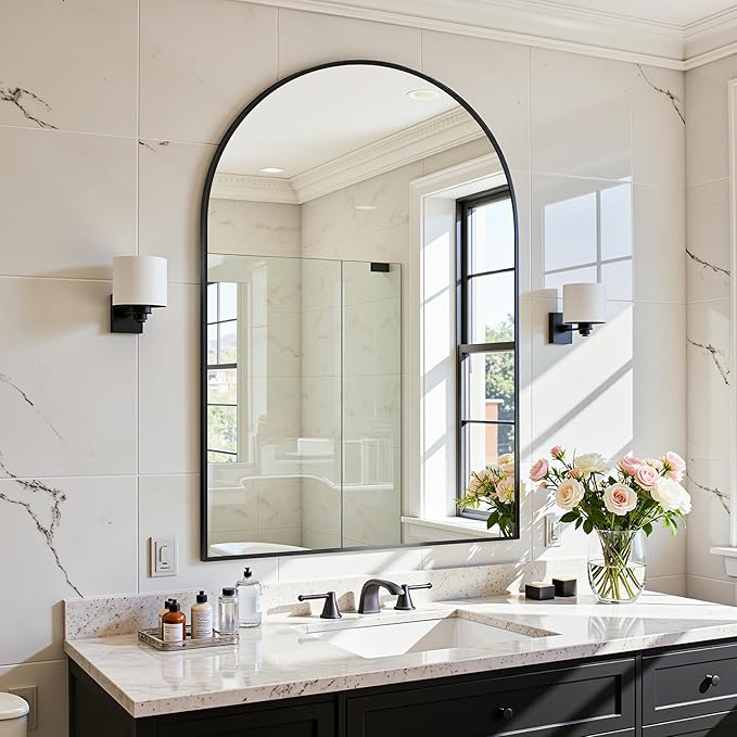 Arched Mirror 24"x36", Bathroom Mirror, Wall Mounted Vanity Mirror with Arch Metal Frame for Bathroom, Over Sink, Bedroom, Living Room, Flat Frame, Black