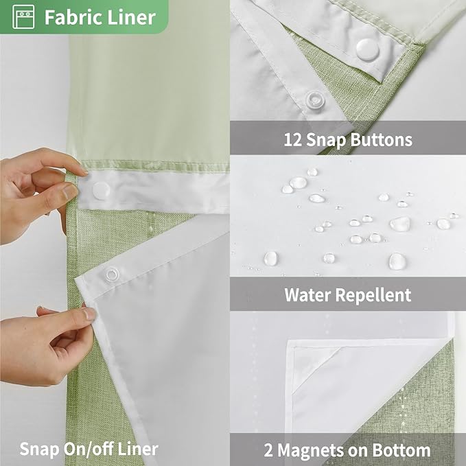 No Hook Extra Long Shower Curtain Set with Snap-in Liner,Linen Textured Thick Striped Fabric with Tassels,Boho Chic Modern Farmhouse Bathroom Curtain,Water-Repellent,Sage Green,71x86