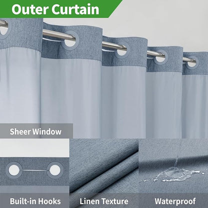 Long No Hooks Needed Linen Textured Shower Curtain with Snap-in Fabric Liner Set,Blue Grey Hotel Luxury Decor Shower Curtains for Bathroom,Waterproof & Washable,71Wx80H