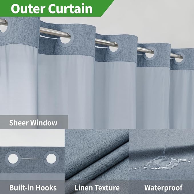 Stall No Hooks Needed Linen Textured Shower Curtain with Snap-in Fabric Liner Set,Hotel Luxury Decor Farmhouse Shower Curtains for Bathroom,Waterproof & Washable,54Wx80H,Blue Grey
