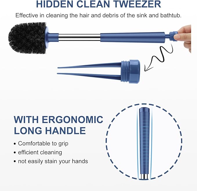 SetSail Toilet Brush and Holder 4 Pack, Self Closing Lid Toilet Bowl Brushes Holder Extra Long Handle Ventilated Toilet Brush Set for Bathroom Cleaning, Nylon Bristles, Dark & Blue