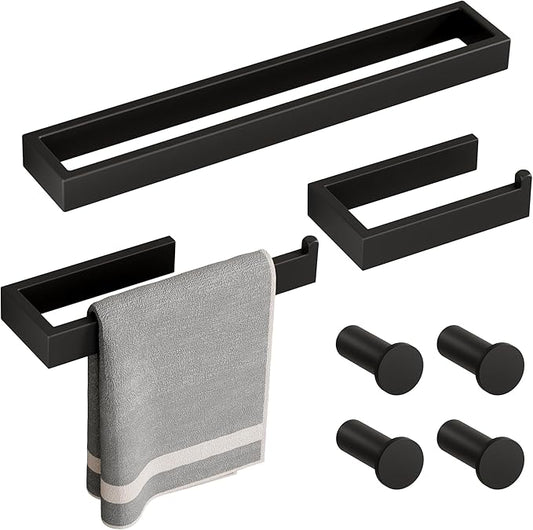 SAYAYO 7-Piece Bathroom Hardware Set Black, Includes 16 Inch Towel Bar, Towel Ring, Toilet Paper Holder & 4Pcs Coat Hooks Wall Mount, Towel Racks for Bathroom Accessories Set SUS304 Stainless Steel