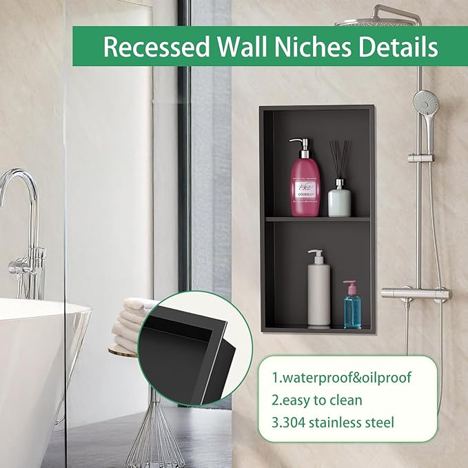 SaniteModar Shower Niche, Stainless Steel Shower Niche 12" X 24" No Tile Needed, Recessed Niche Shower for Bathroom Storage, Matte Black Double (Matte Black, 12x24,Double)