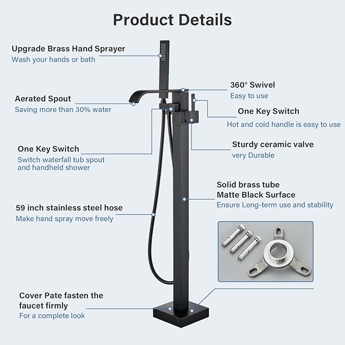 Freestanding Bathtub Faucet Matte Black Floor Mounted Tub Filler with Hand Shower Brass High Flow 360 Degree Swivel Standing Spout Mixer Taps