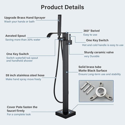 Freestanding Bathtub Faucet Matte Black Floor Mounted Tub Filler with Hand Shower Brass High Flow 360 Degree Swivel Standing Spout Mixer Taps