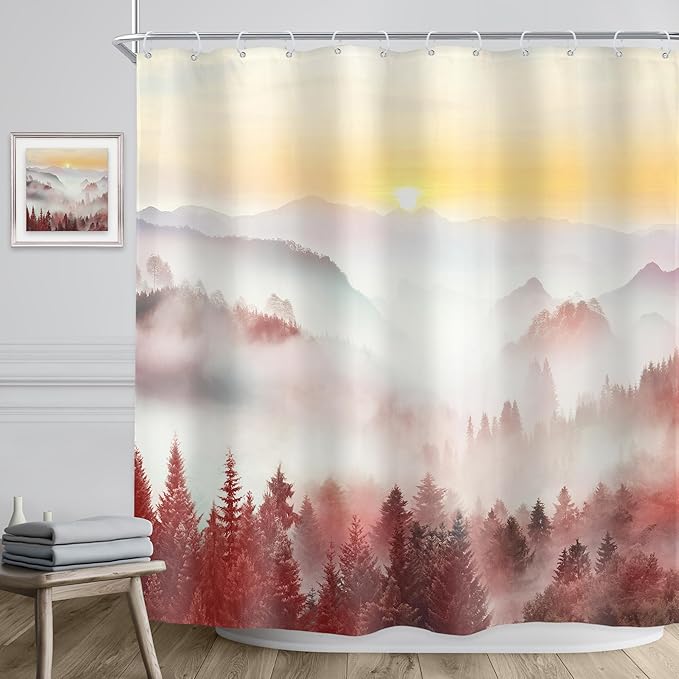Riyidecor Misty Mountain Shower Curtain 72Wx72H Inch Red Sunrise Nature Scenery Foggy Pine Tree Scenic Forest Woodland Modern Natural Landscape Bathroom Decor Fabric Polyester Waterproof 12 Pack Hooks