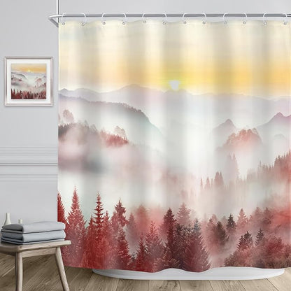 Riyidecor Misty Mountain Shower Curtain 72Wx72H Inch Red Sunrise Nature Scenery Foggy Pine Tree Scenic Forest Woodland Modern Natural Landscape Bathroom Decor Fabric Polyester Waterproof 12 Pack Hooks