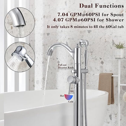 Free Standing Tub Faucet, Classic Freestanding Bathtub Faucet with Vintage Hand Shower Brass High Flow Rate Floor Mount Tub Filler Swivel Spout Soaker Tub Faucets Polished Chrome (WT-9002CP)