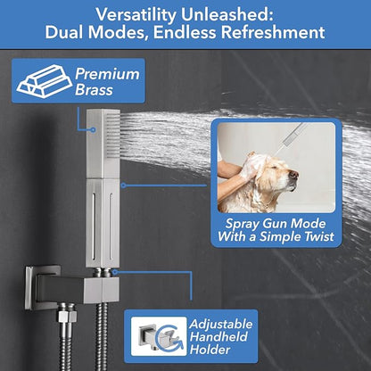 VANFOXLE Shower Faucet Set Brushed Nickel Shower System with 4 PCS Dual Modes 2 Inch Body Jets,Push Button Diverter Shower Fixtures with 2 in 1 Handheld,Ceiling Mount 10 Inch Shower Head